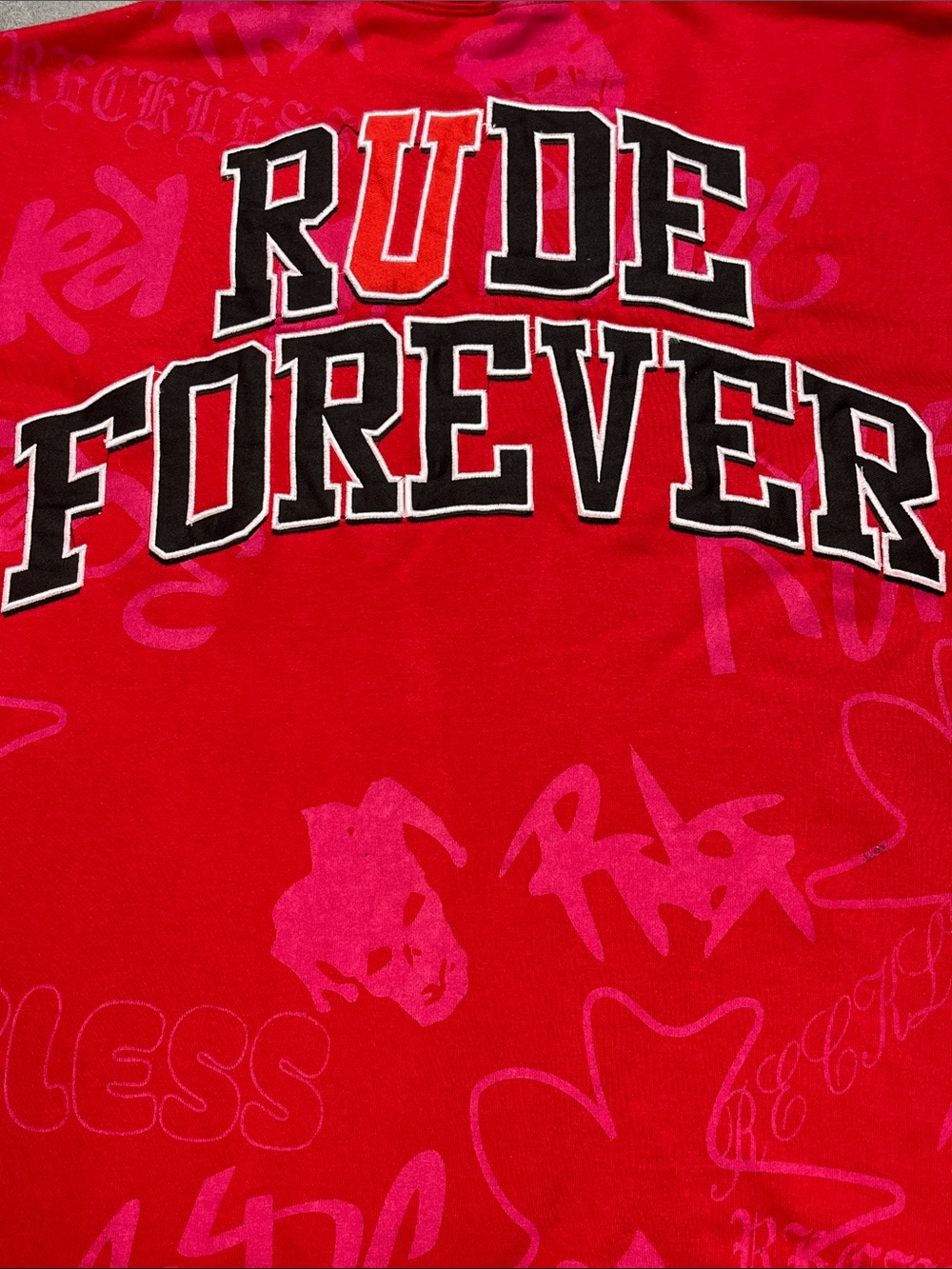 Rude Forever Graphic Short Sleeve Sweatshirt Red Pink Oversized XL Y2K
